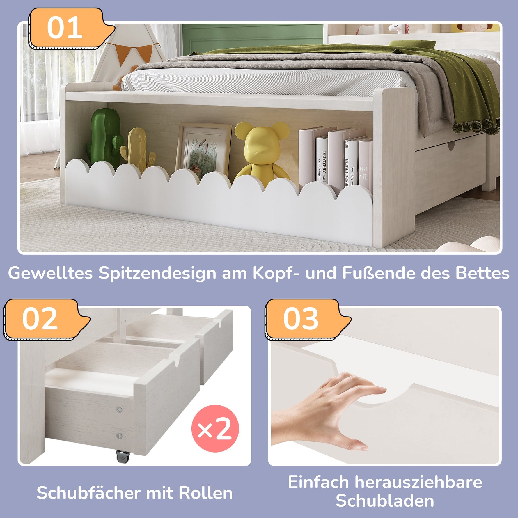 Children's Single Bed, Storage with Drawers, Shelf, Bench, Wood, White Oak