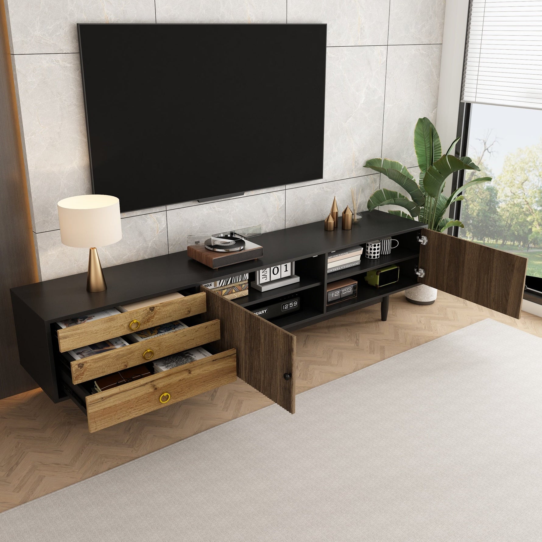 TV cabinet, water wave pattern, three drawers, wood and black