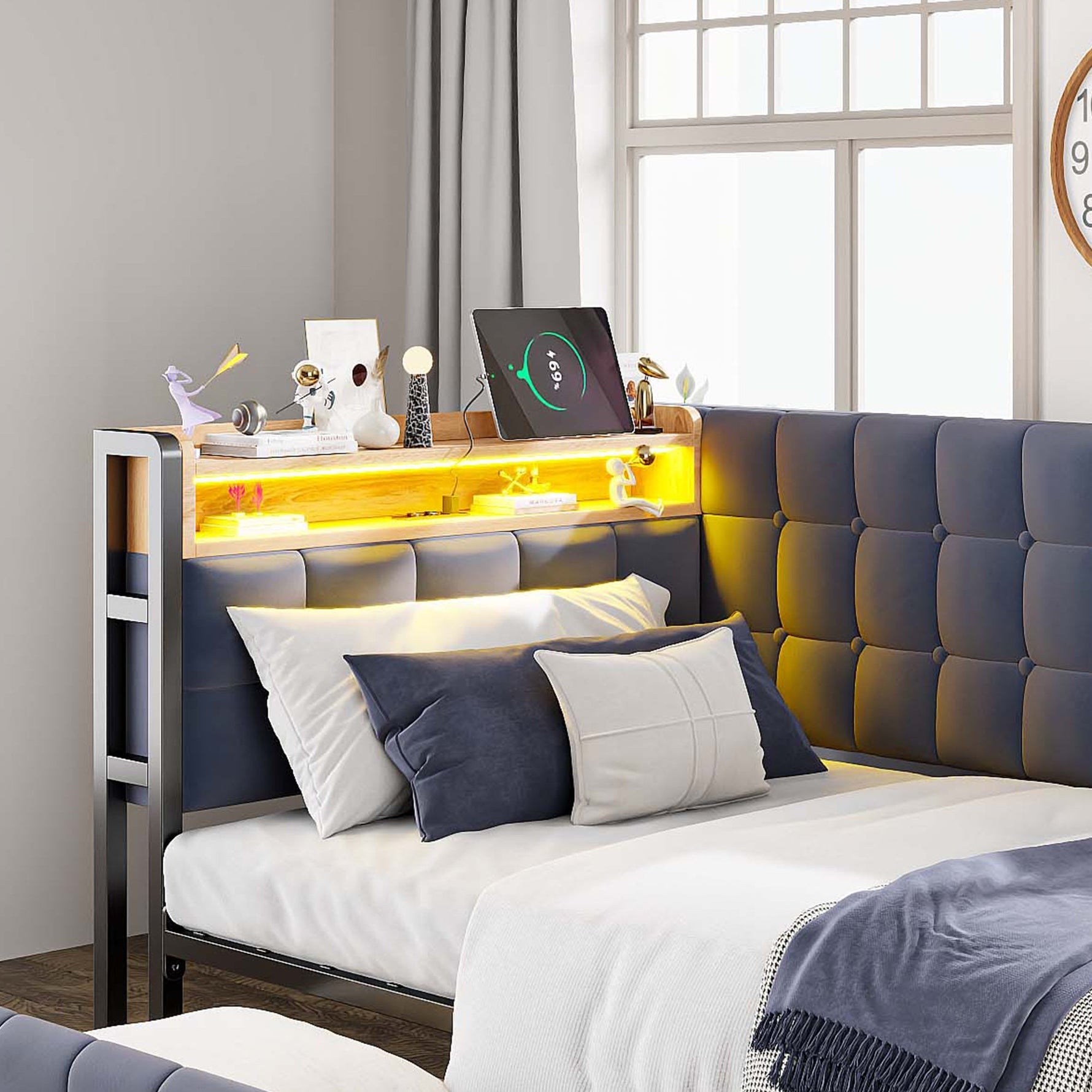 Upholstered Sofa Bed 90x200 Multifunctional LED USB/Type-C Drawers Grey