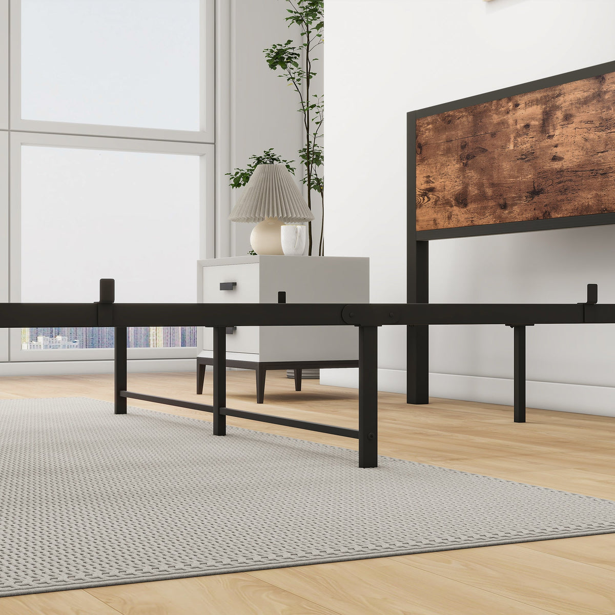 Metal Platform Bed Frame 140x200cm Storage Headboard Noiseless, Vintage Brown