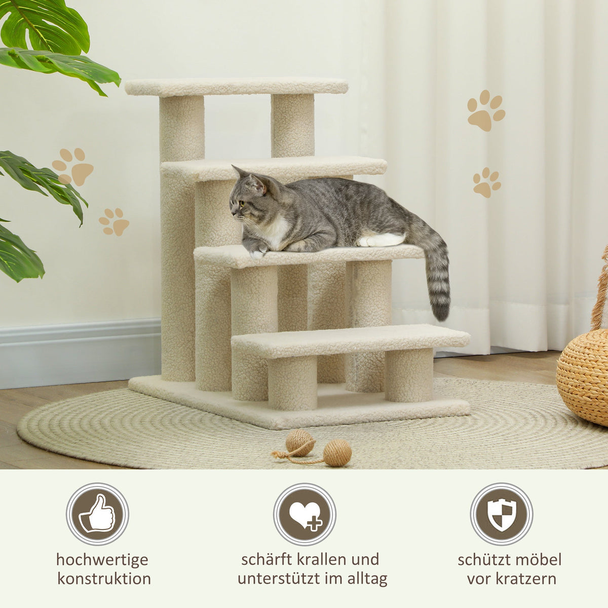 Pet Stairs, 4-Steps, Ideal for Older Animals, Plush Beige