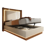 Youth Upholstered Bed 90x200 LED Bed Box - Linen Beige & Walnut