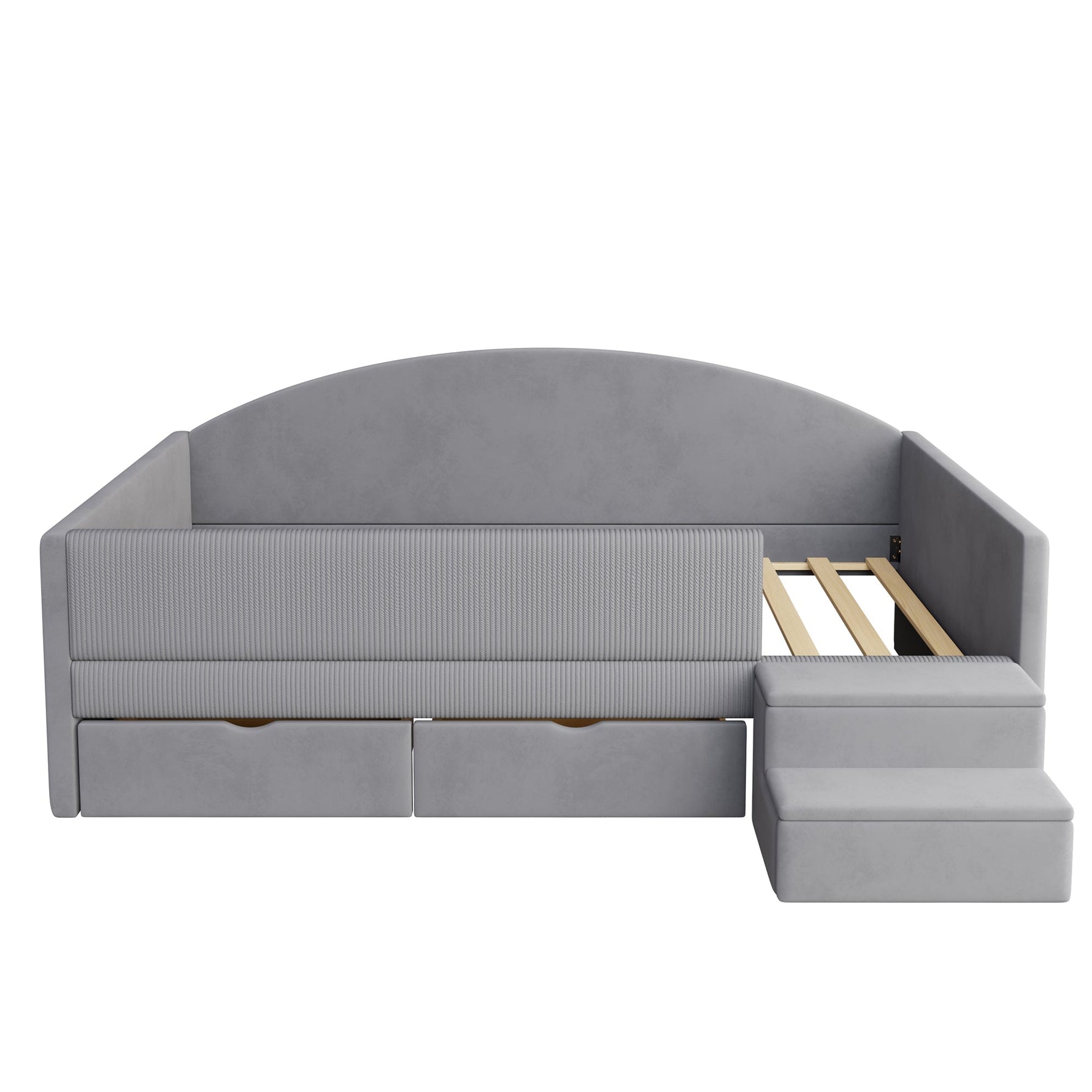 Multifunctional Upholstered Sofa Bed with Two Drawers, Railings and Steps, 90x190cm, Light Grey Velvet