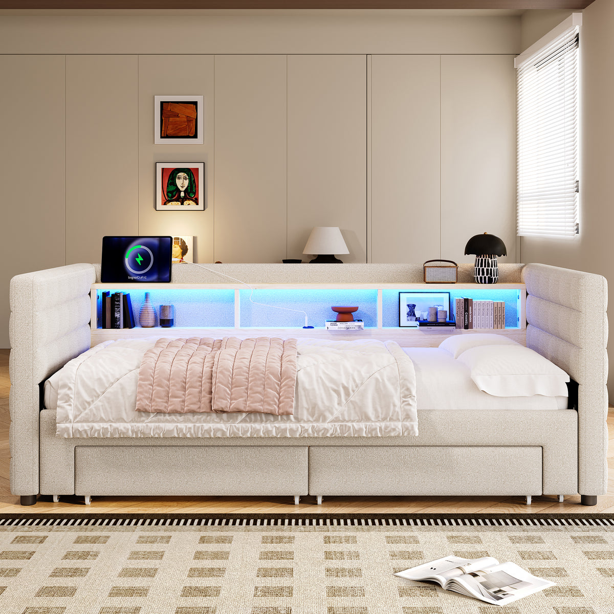 Daybed Sofa Bed 90x190cm Pull-Out Drawers USB LED, Beige Velvet