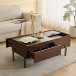 Modern Coffee Table with Drawers, Glass Top & Storage, Dark Brown Wood & Marble-Effect