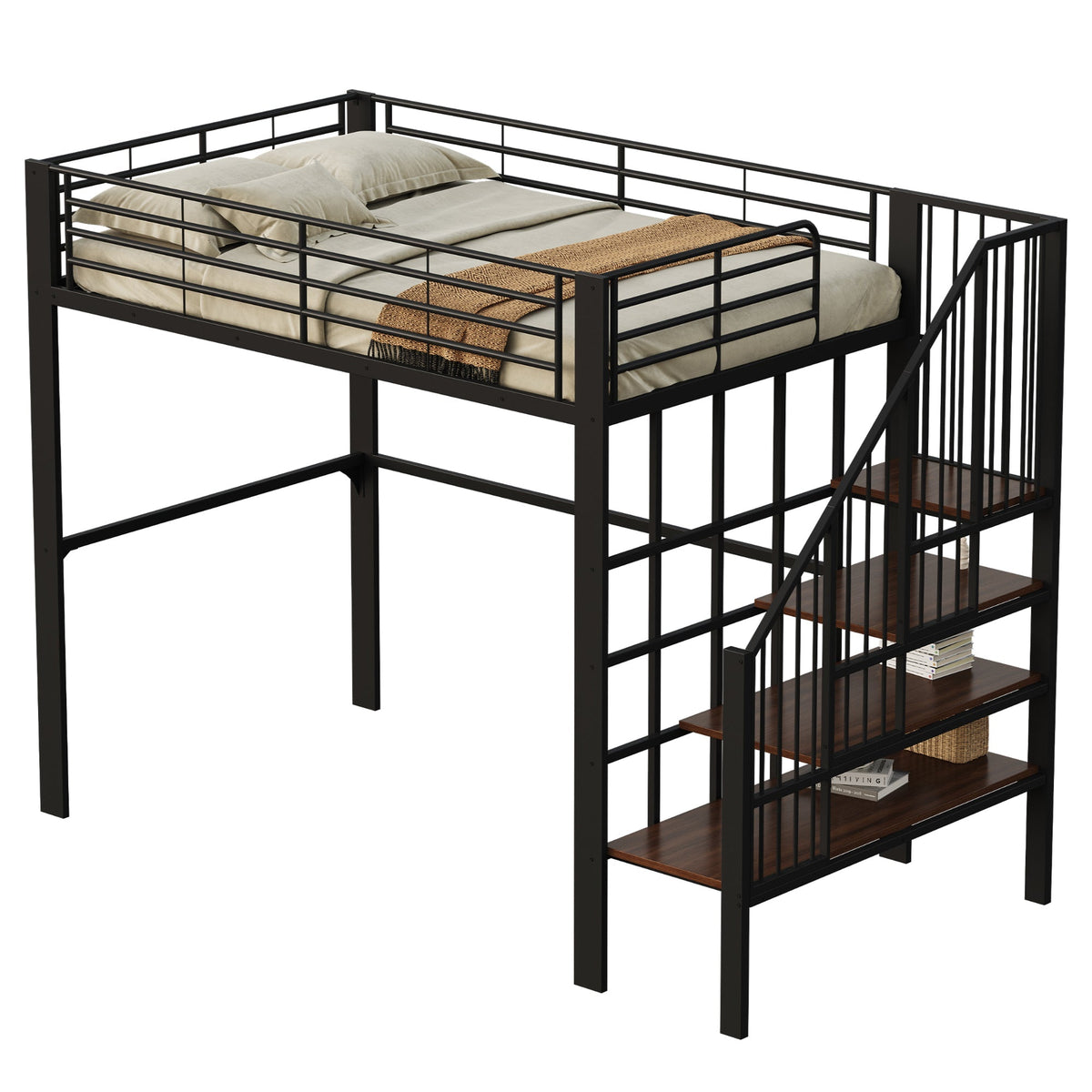 Loft Bed 140x200 Sturdy Storage Stairs, Metal