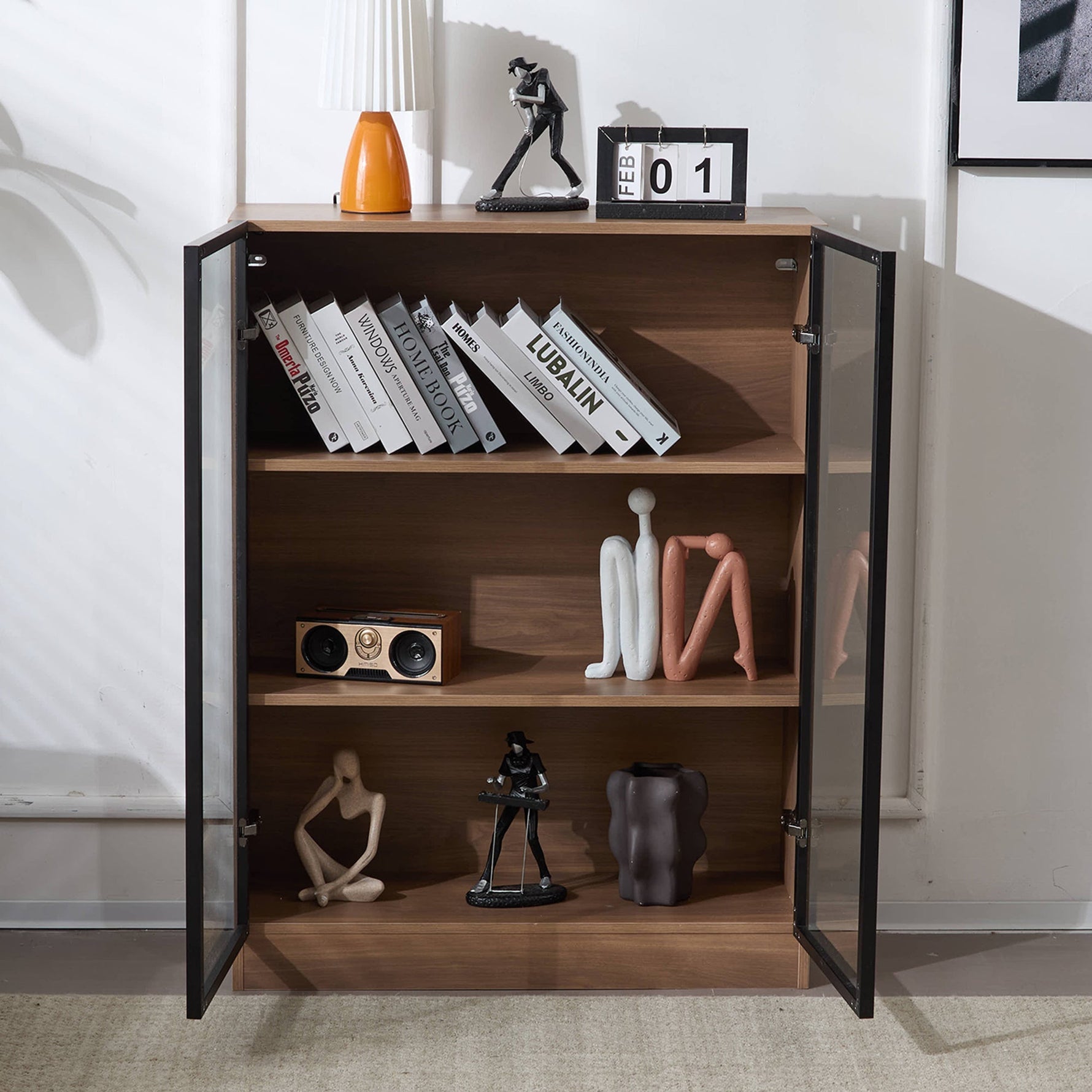 Glass Display Cabinet Collector's Stand LED Light 3-Tier Shelves Natural