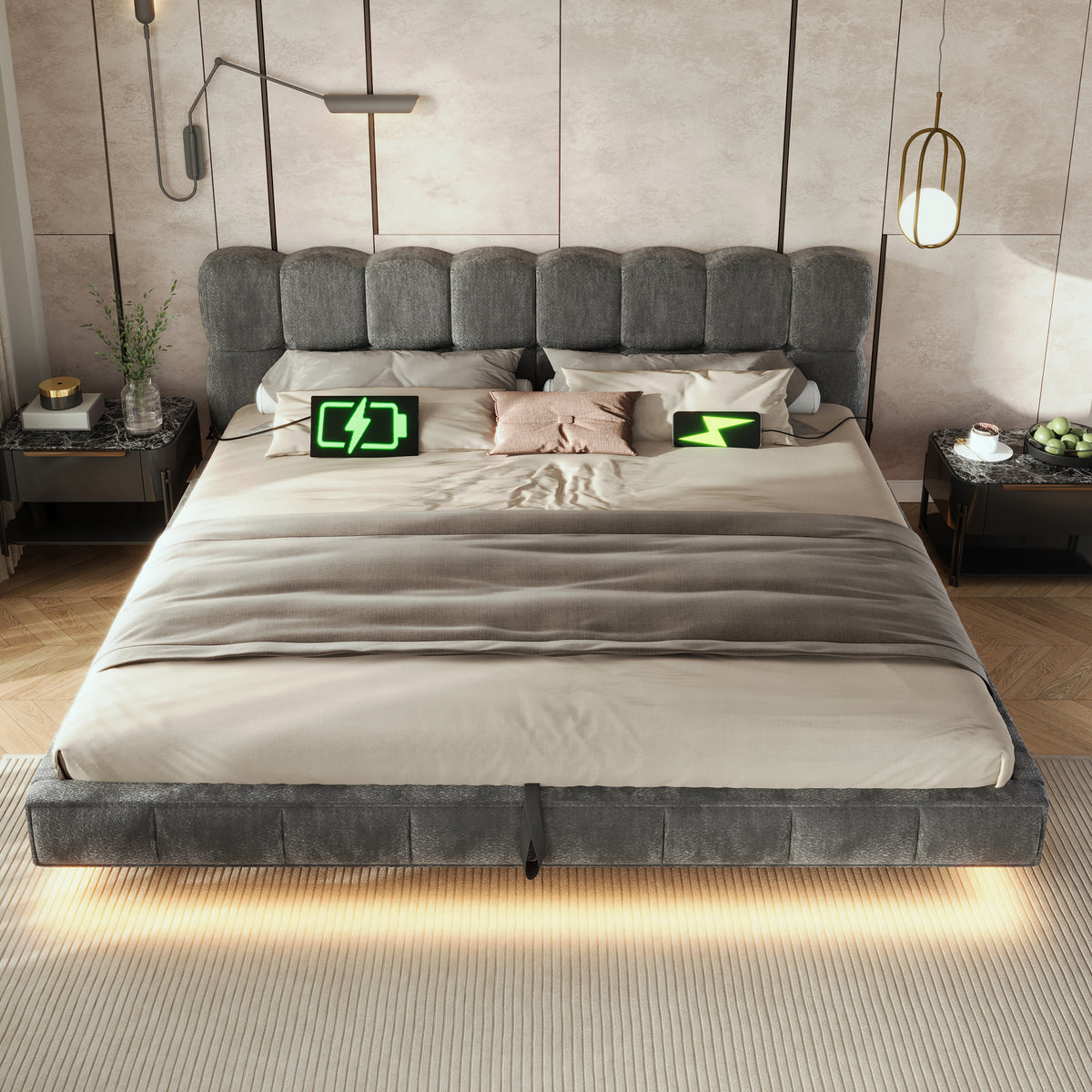 Upholstered Cloud Bed 180x200cm Hydraulic Storage LED, Grey Chenille