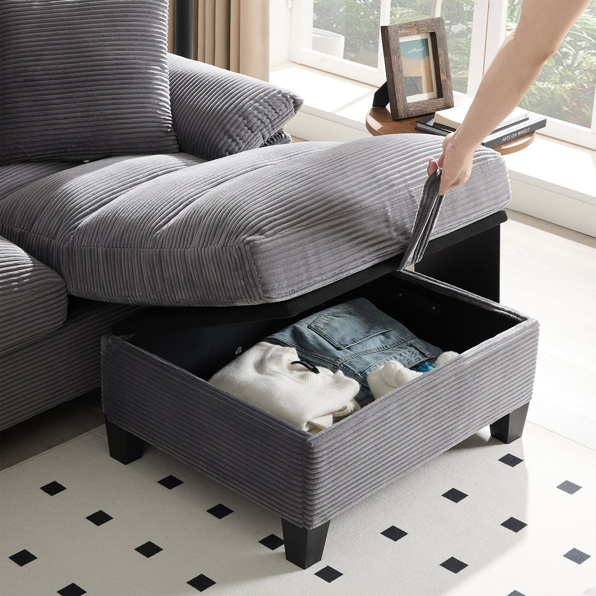 U-Shaped Sofa 4-Seater Oversized Storage USB Cup Holders - Corduroy