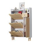 Wooden Shoe Cabinet, Narrow Entryway Storage 3 Tilting Doors 1 Drawer Solid Wood Rattan