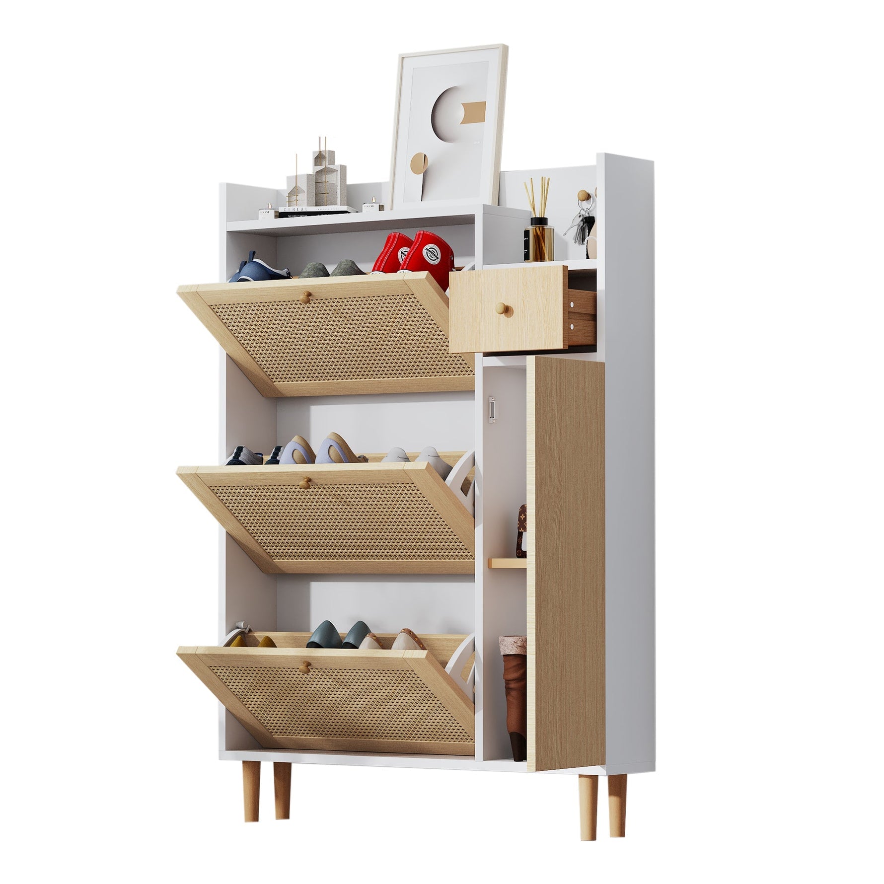 Wooden Shoe Cabinet, Narrow Entryway Storage 3 Tilting Doors 1 Drawer Solid Wood Rattan