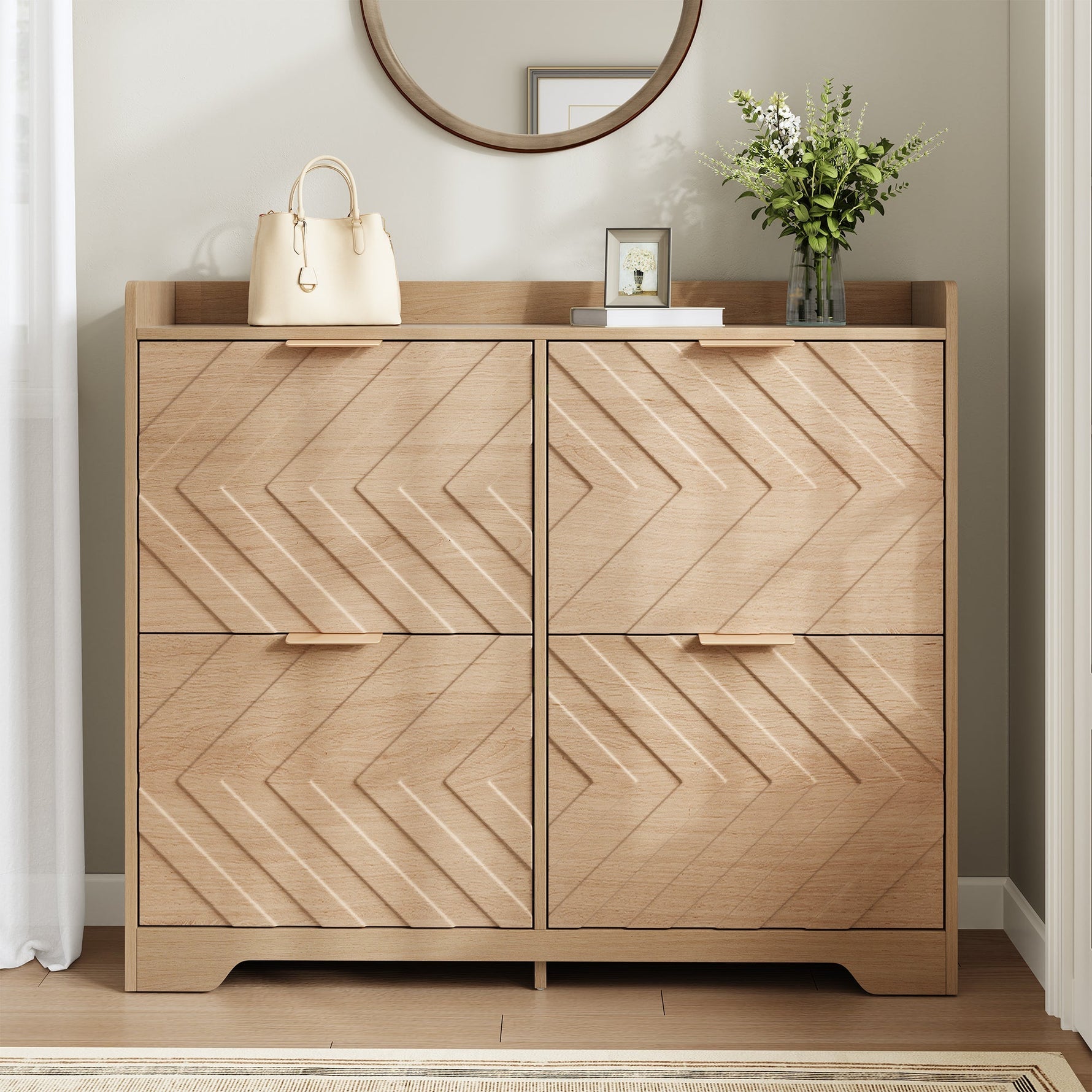 Shoe Cabinet with 4 Flip Drawers and 3D Textured Front, Space-Saving Entryway Storage, Wood White