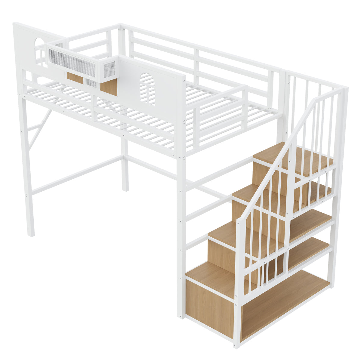Metal Loft Bed 90x200cm with Storage Ladder & Light Strip, White