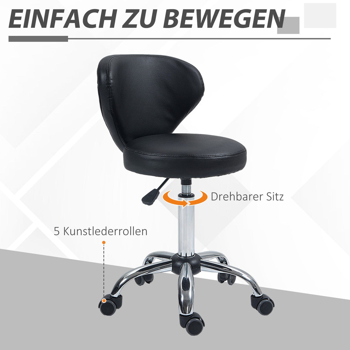 Rolling Stool Massage Stool, 360° Swivel Ergonomic Backrest, Black Faux Leather