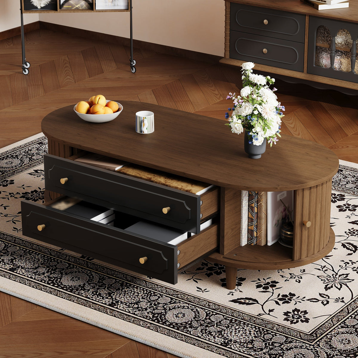 Coffee Table with 2 Drawers and Roll-up Doors, Walnut and Black