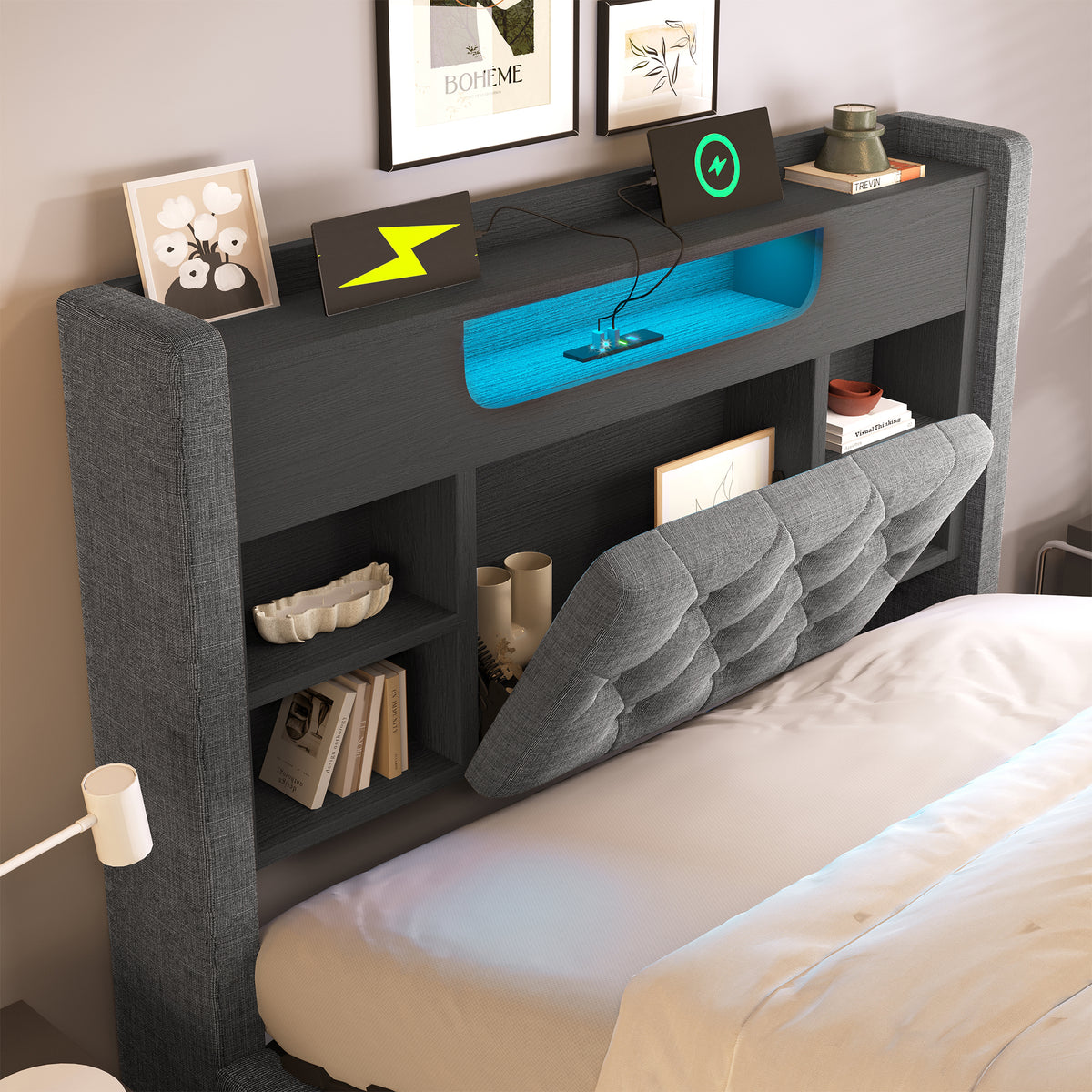 Upholstered Bed 90x200cm LED Hydraulic Storage Grey Linen