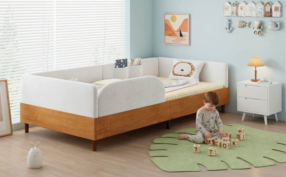 Upholstered Single Bed with 2 Storage Pockets and Anti-Collision Edge, 90x200cm, White Velvet and Wood