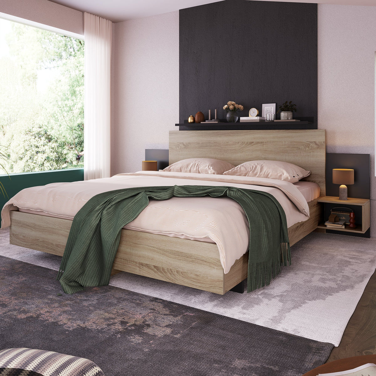 Double Bed Frame Set 160x200cm Modern 2 Bedside Tables, Sonoma Oak/Dark Grey Wood