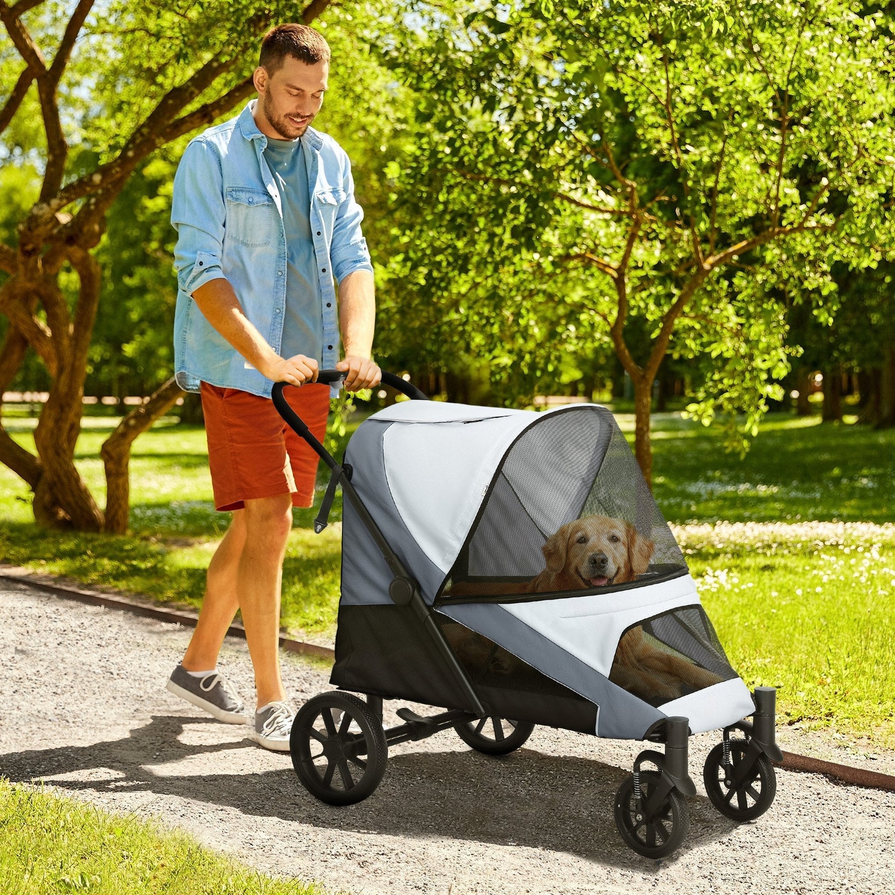 Dog Stroller, Foldable for Large Dogs & Cats, 30 kg, Grey
