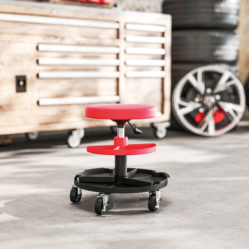 Workshop Stool with Wheels, Trays, Height Adjustable, Rolling, 135 kg, Red