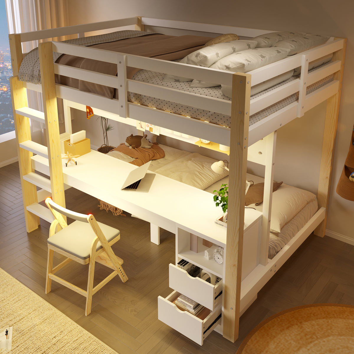 Loft Bed 90x200/140x200 cm with Desk & Drawers, Pine Wood