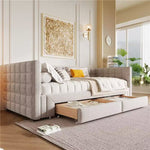 Daybed with Extendable Frame and 2 Storage Drawers, Beige Samt and MDF