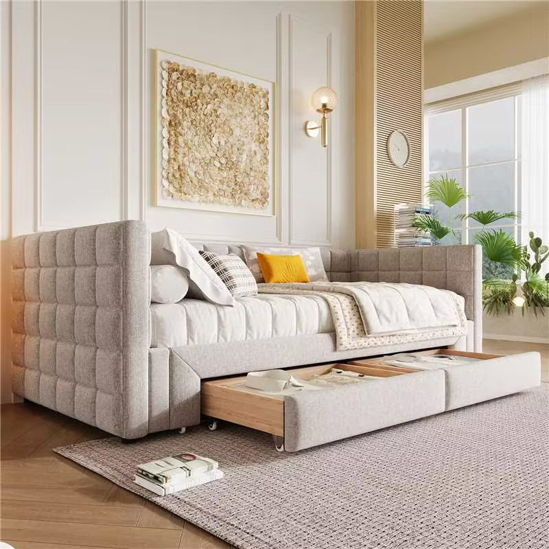 Daybed with Extendable Frame and 2 Storage Drawers, Beige Samt and MDF
