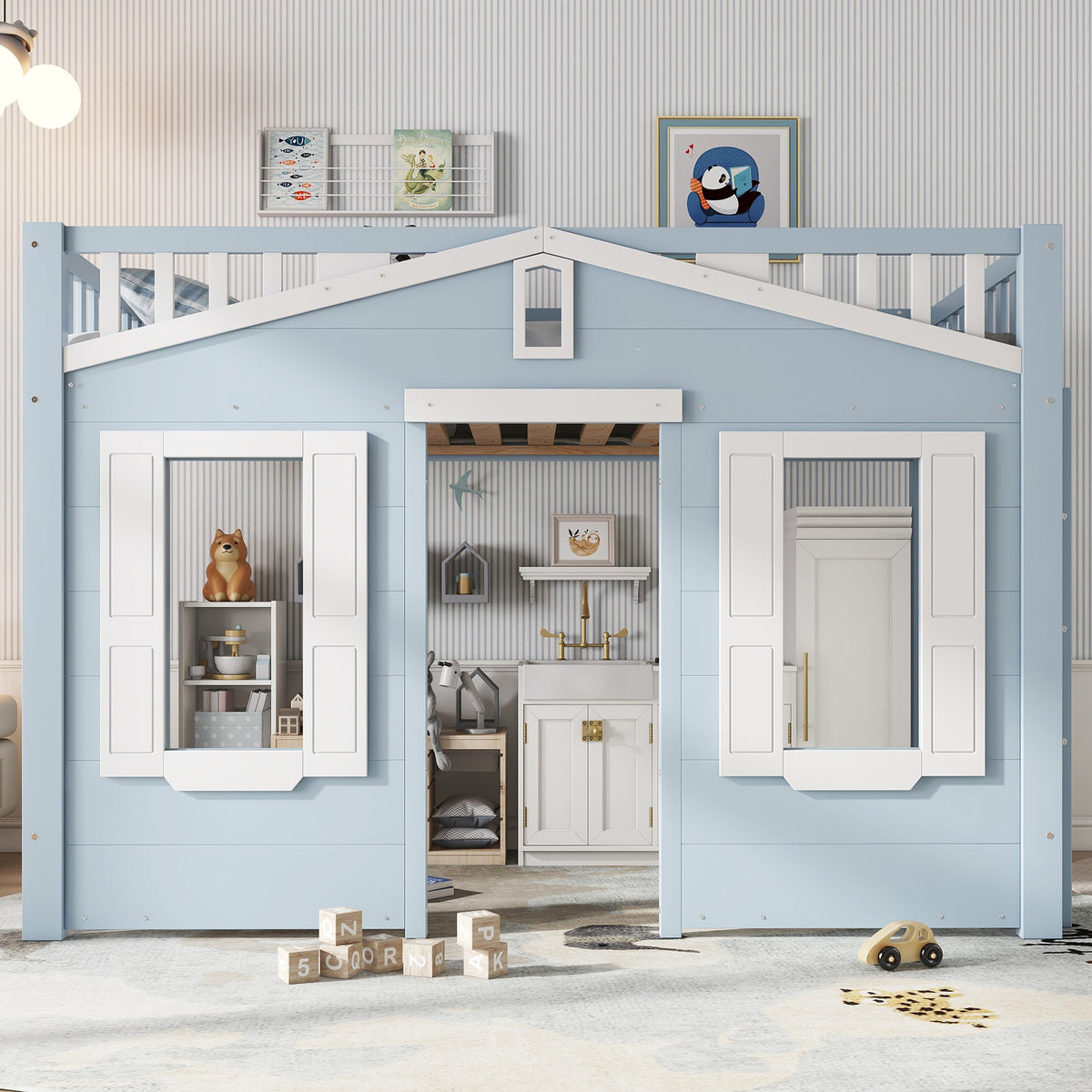 Children's Loft Bed 90x200cm with Ladder & Window, Blue Wood