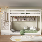 Bunk Bed 90x200cm with Staircase Storage & Safety Railing - White Wood