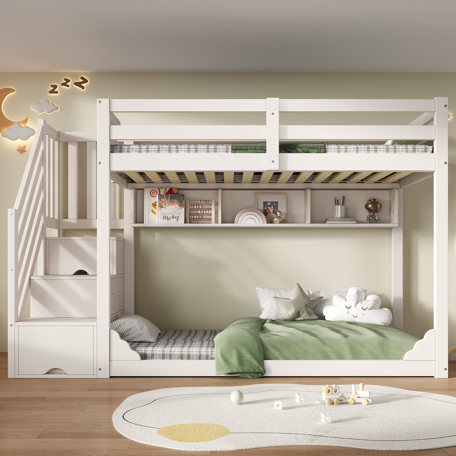 Bunk Bed 90x200cm with Staircase Storage & Safety Railing - White Wood