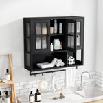 Bathroom Wall Cabinet 3-Door Wooden Glass Door Towel Bar, Black