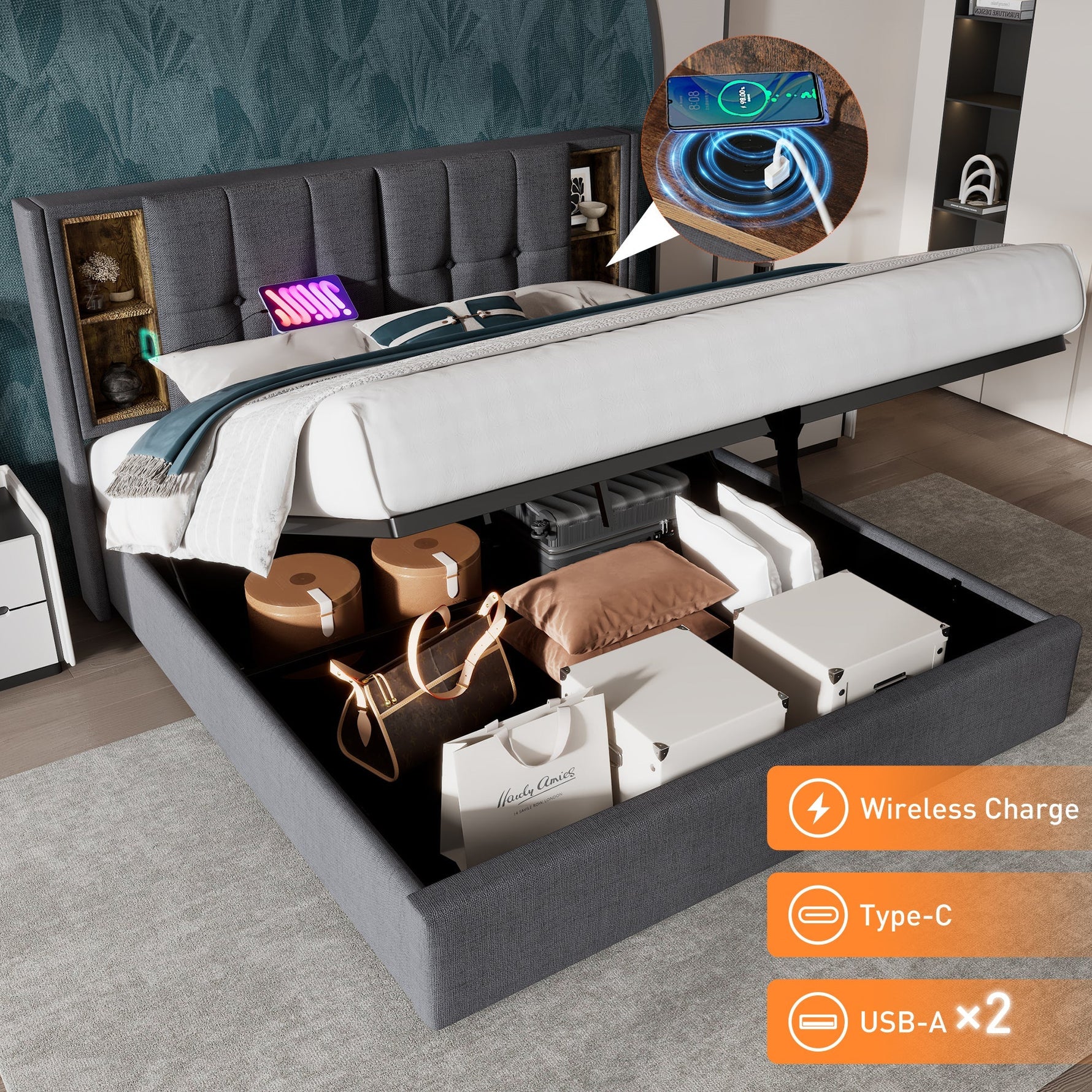 Double Bed with Wireless Charging USB C, 140x200cm, Storage, Wood-Grey Cotton