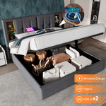 Double Bed with Wireless Charging, Storage, 140x200cm, Grey Cotton
