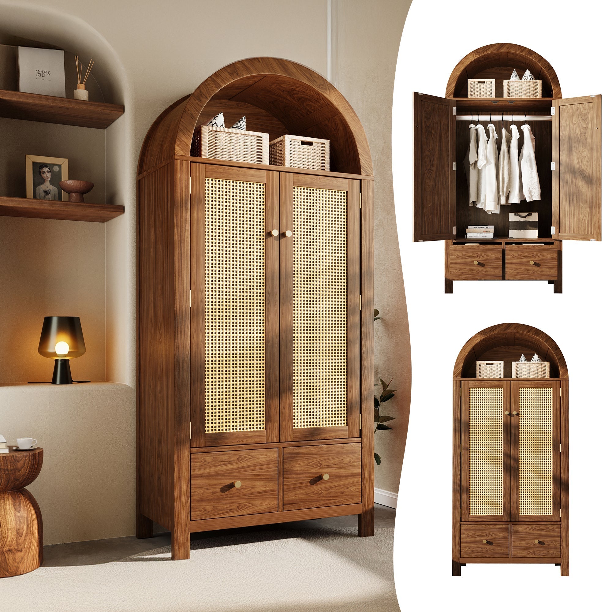 Wardrobe with Rattan Weave and 2 Drawers, Walnut Look