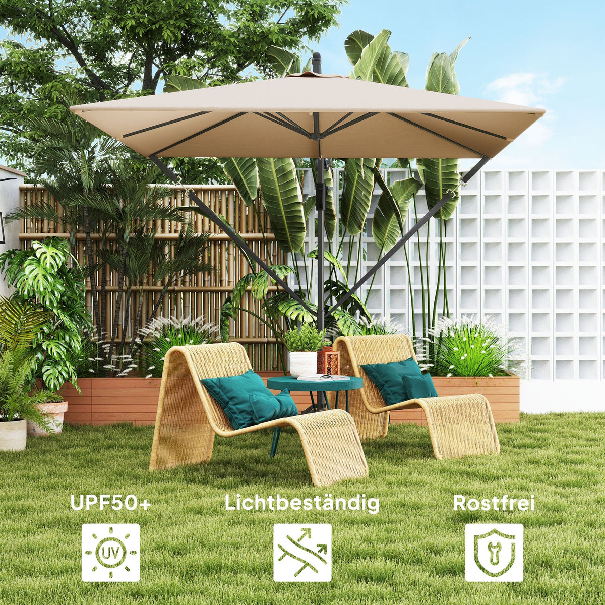 Cantilever Parasol Ø260 cm UV 50+ Water-Repellent Tiltable with Crank & Stand, Khaki