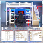 Loft Bed with Desk, Storage Ladder, LED Lights and USB Port, White Metal and MDF