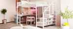 Metal Loft Bed 140 x 200 cm with Desk, Wardrobe, Storage Ladder and LED, White Metal Frame