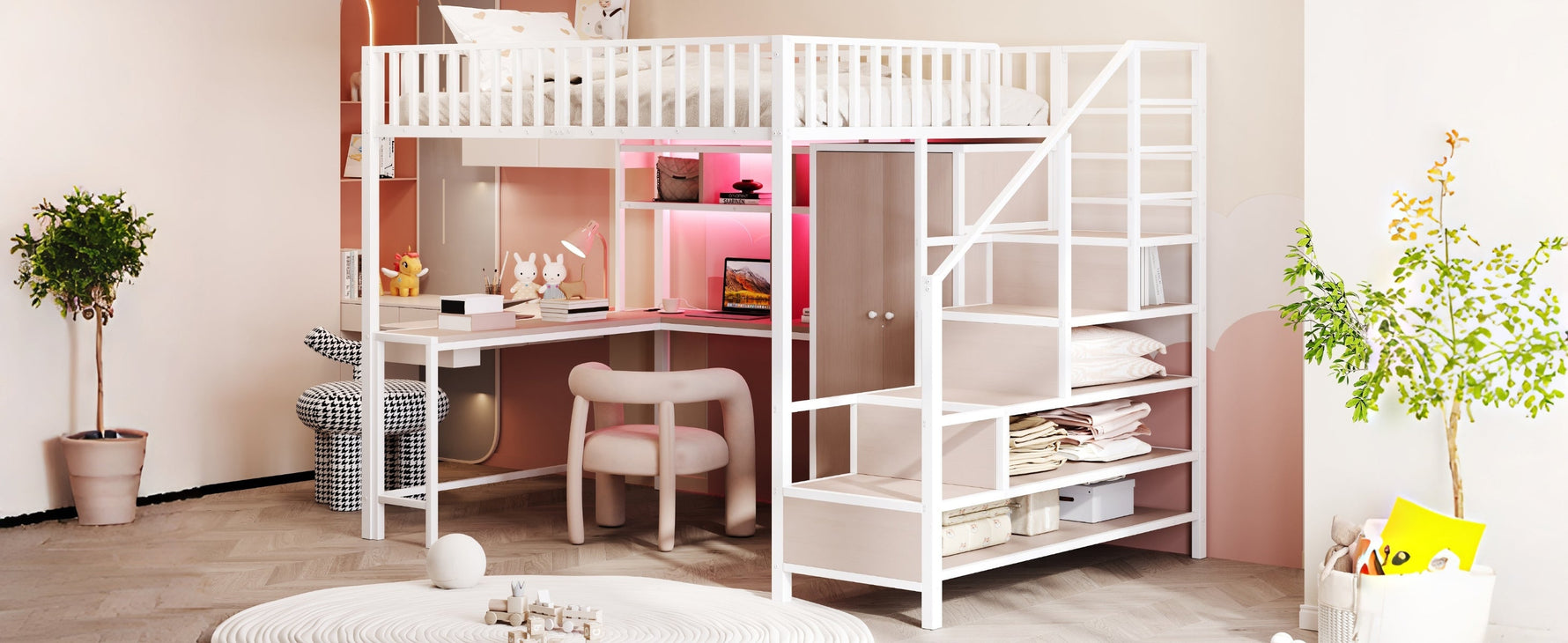 Metal Loft Bed 140 x 200 cm with Desk, Wardrobe, Storage Ladder and LED, White Metal Frame