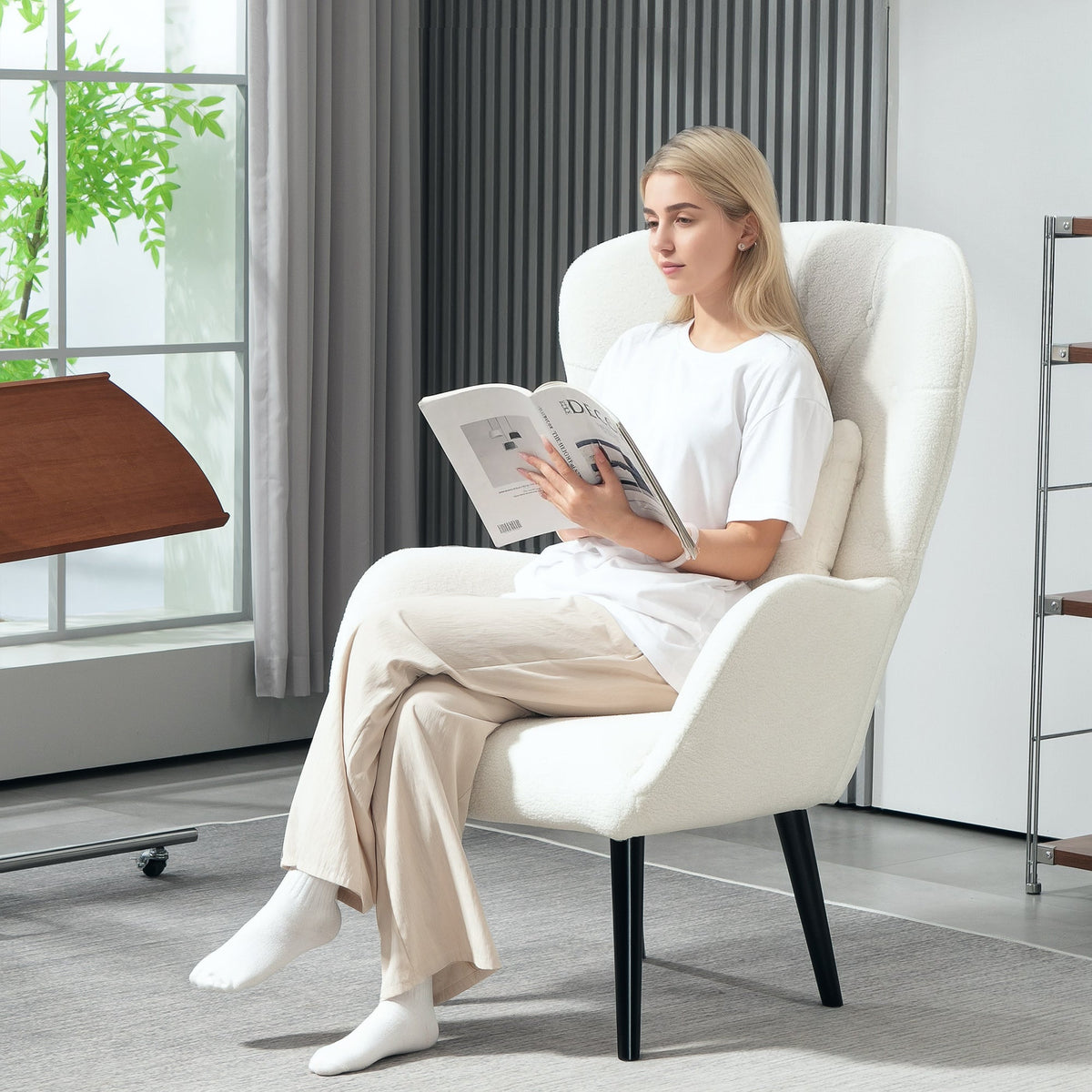 Armchair Lounge Chair, Padded Teddy with Lumbar Cushion, Wooden Legs, White