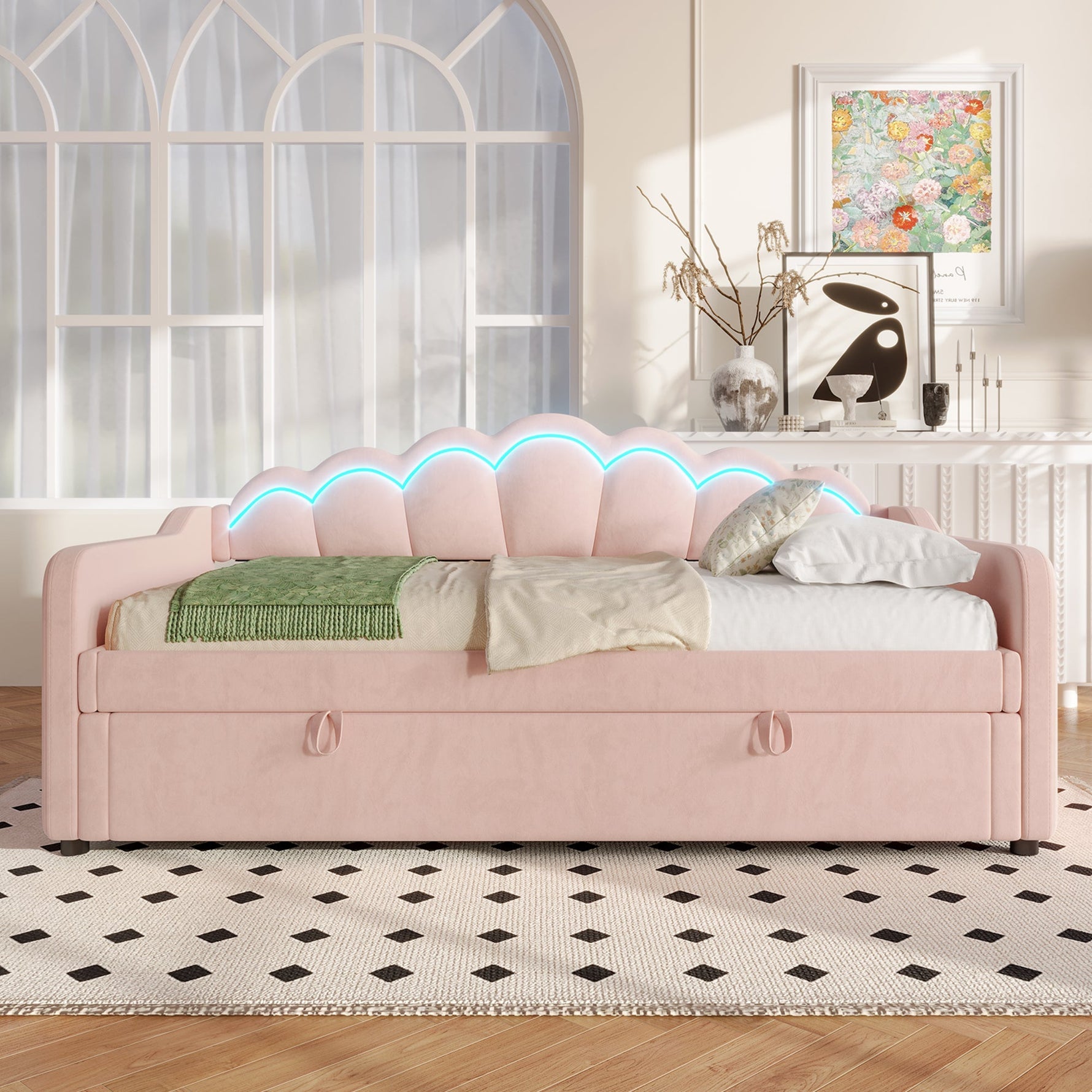 Daybed Sofa Bed 90x200cm Hydraulic Storage LED - Velvet Pink