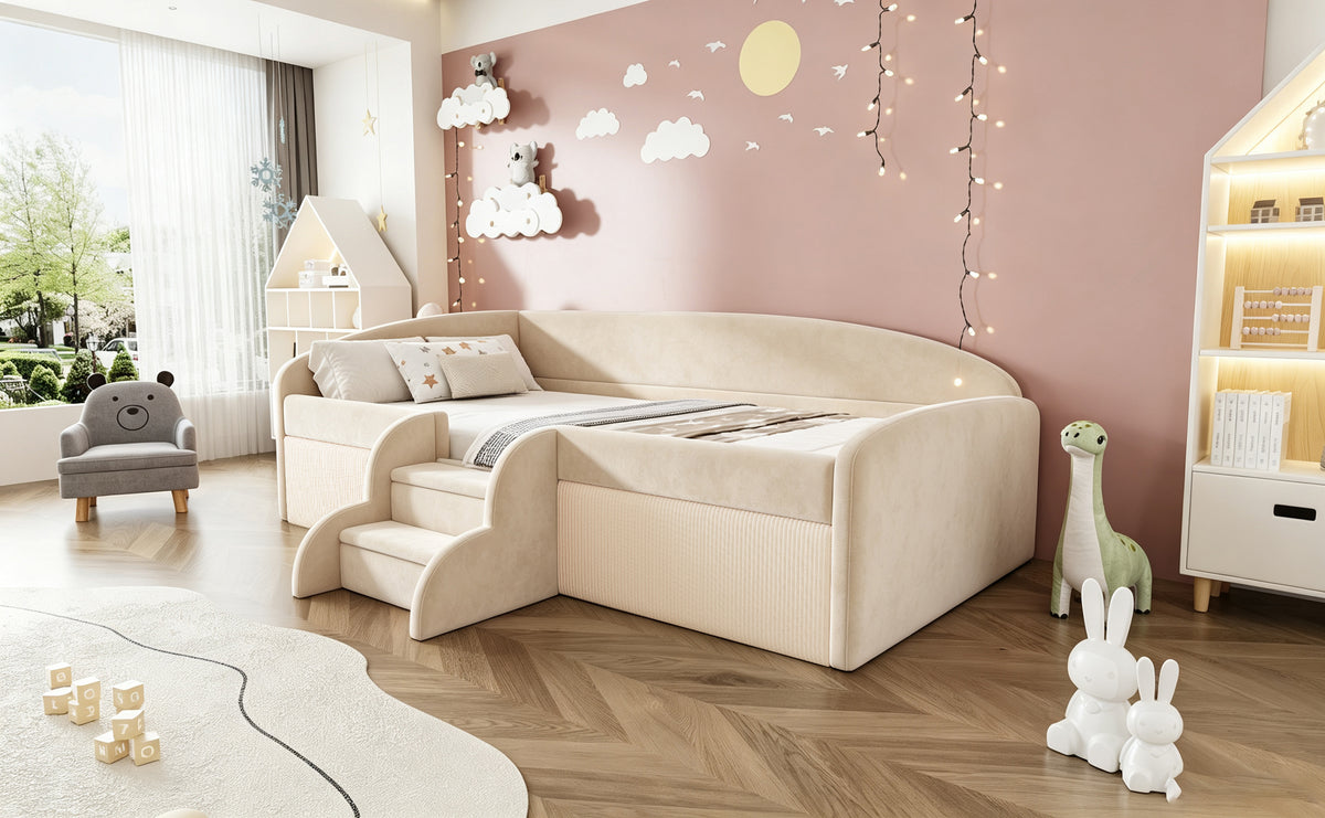 Children's Upholstered Bed 90x190cm with Steps, Beige Velvet