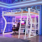 Loft Bed 140x200cm with Desk & Shelves, Light Strip, White Iron