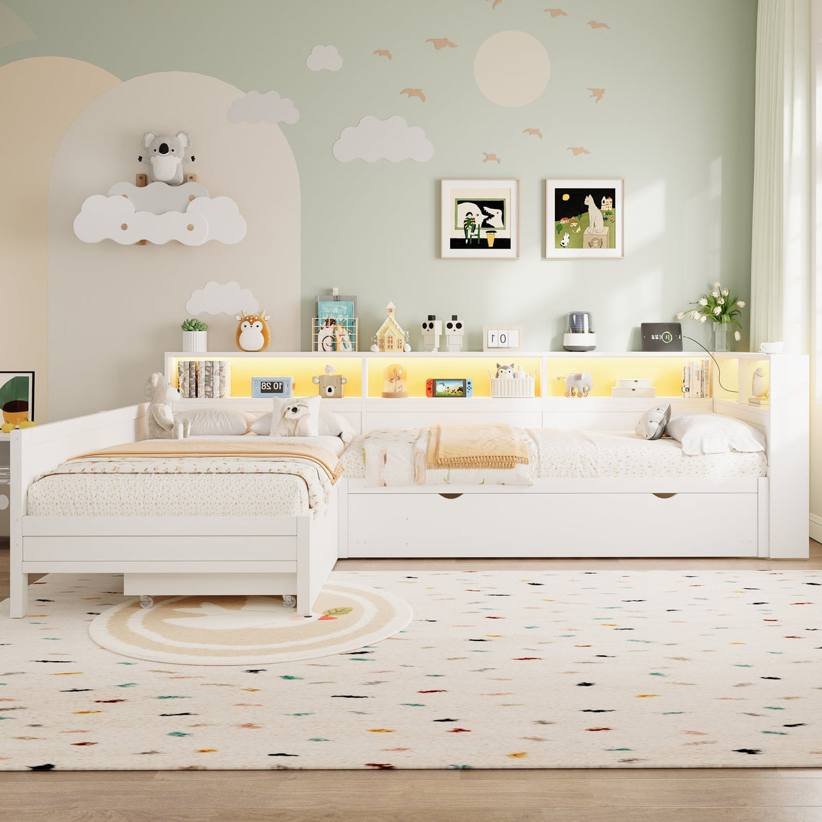 Wooden L-Shaped Platform Bed with Pull-Out Bed and Drawer, White