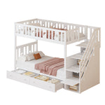 Children's Bunk Bed with Safety Stairs, Storage Drawers, Slatted Base, White Solid Wood
