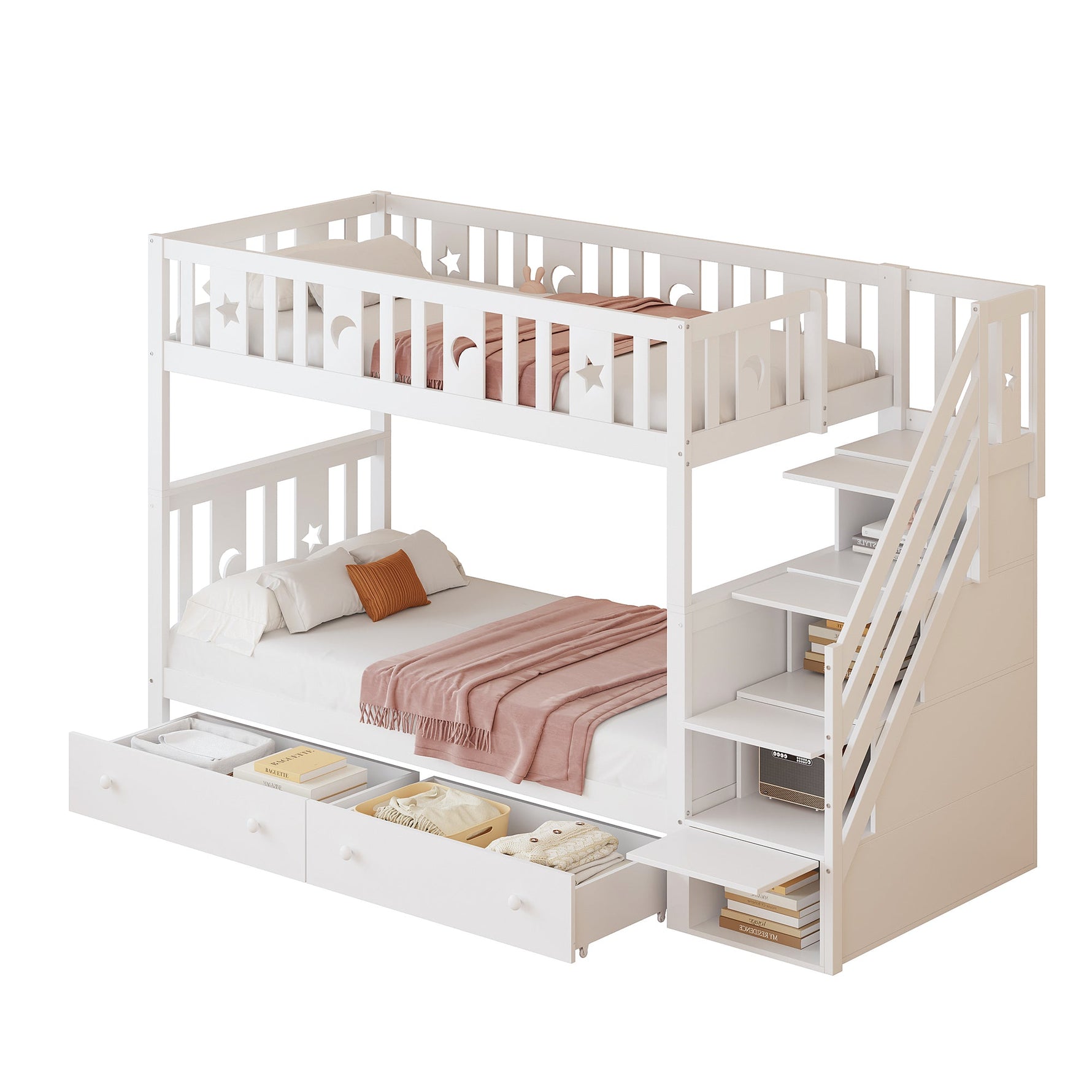 Children's Bunk Bed with Safety Stairs, Storage Drawers, Slatted Base, White Solid Wood