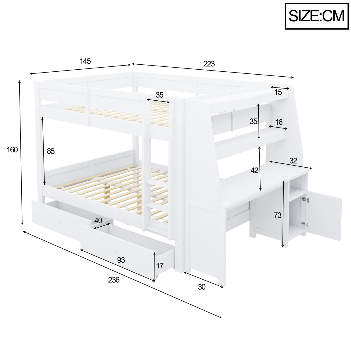Bunk Bed 140x200cm with Desk, Cabinet & Drawers, White