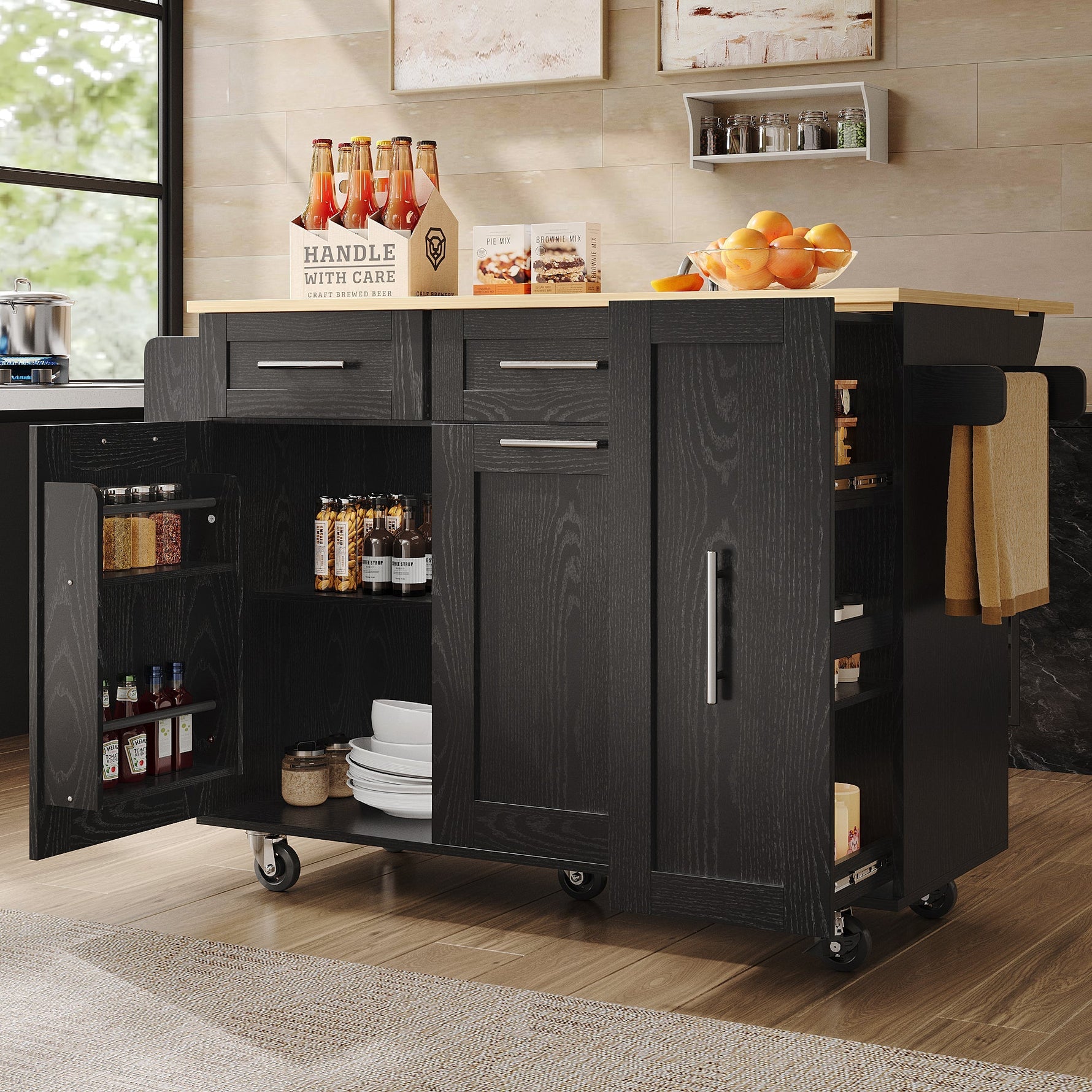 Mobile Kitchen Island Dining Table Extendable Storage - Wood Grain Black