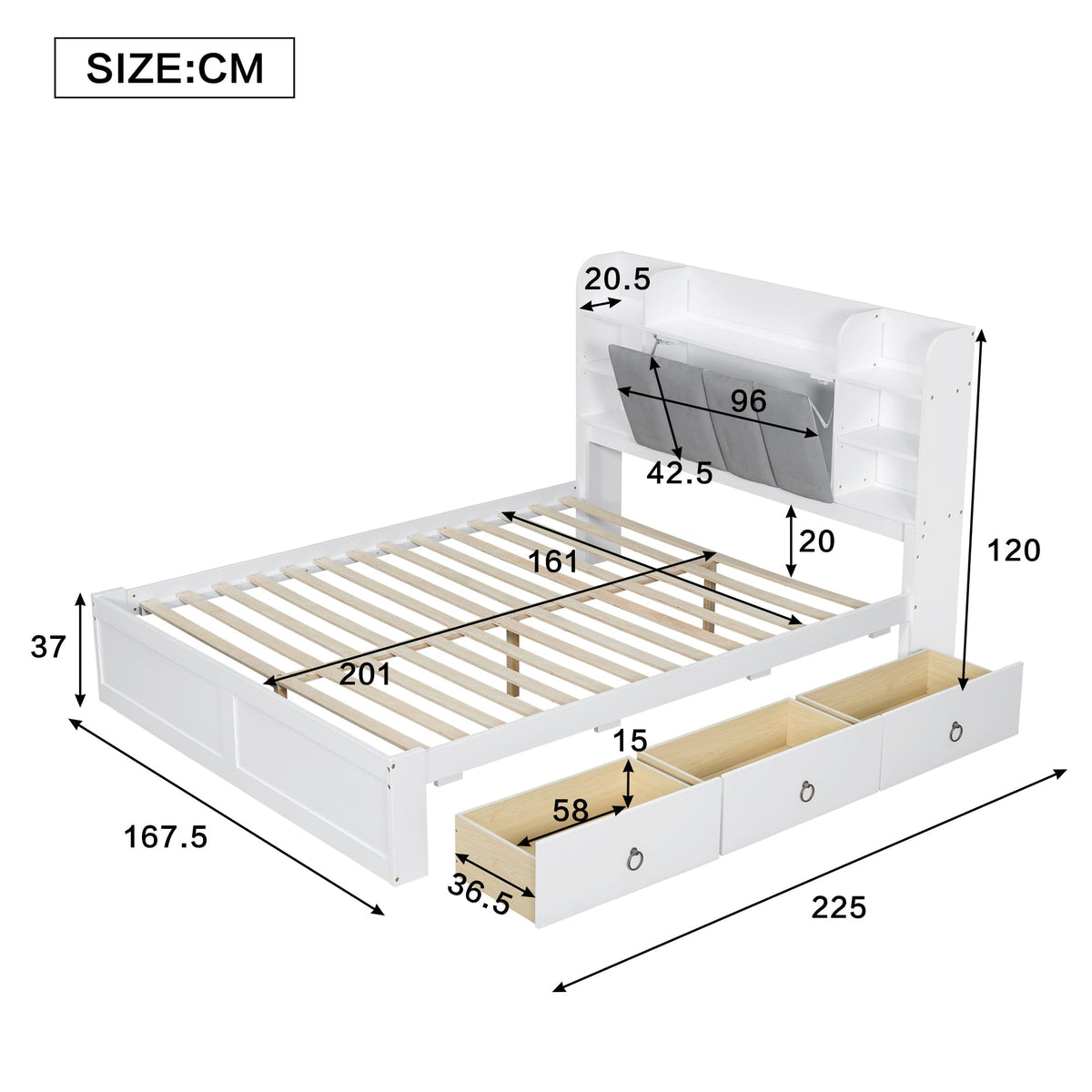 Double Bed, Open Shelf, 3 Drawers, Pine Frame, White+Grey