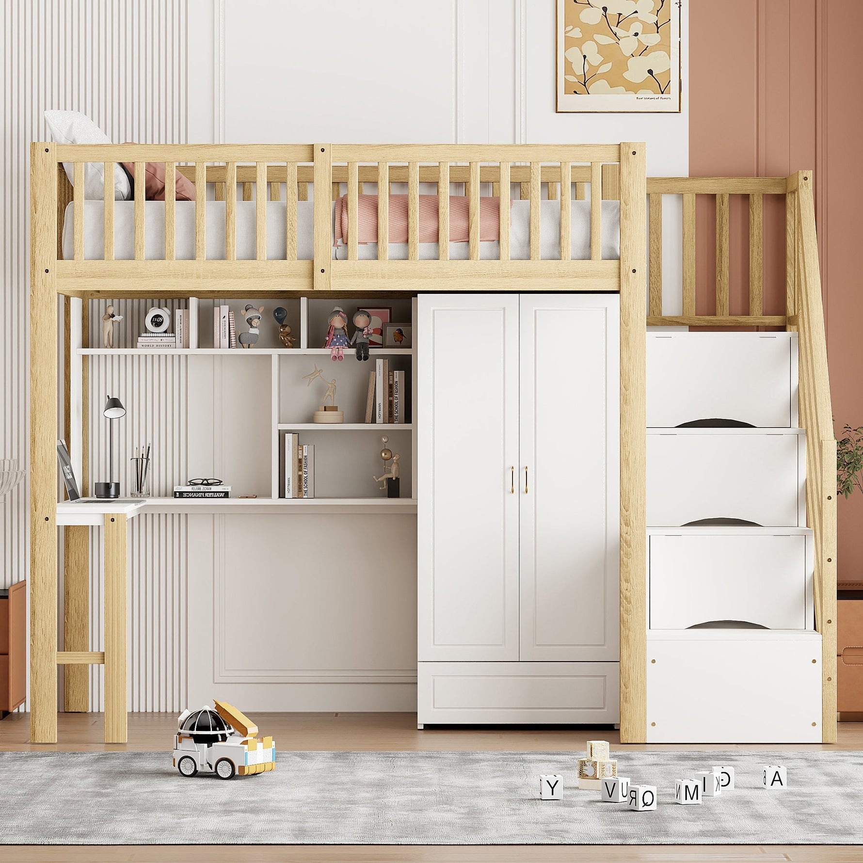 Loft Bed, 90x200 Wardrobe, Shelf, Table, Storage Stairs, Wooden