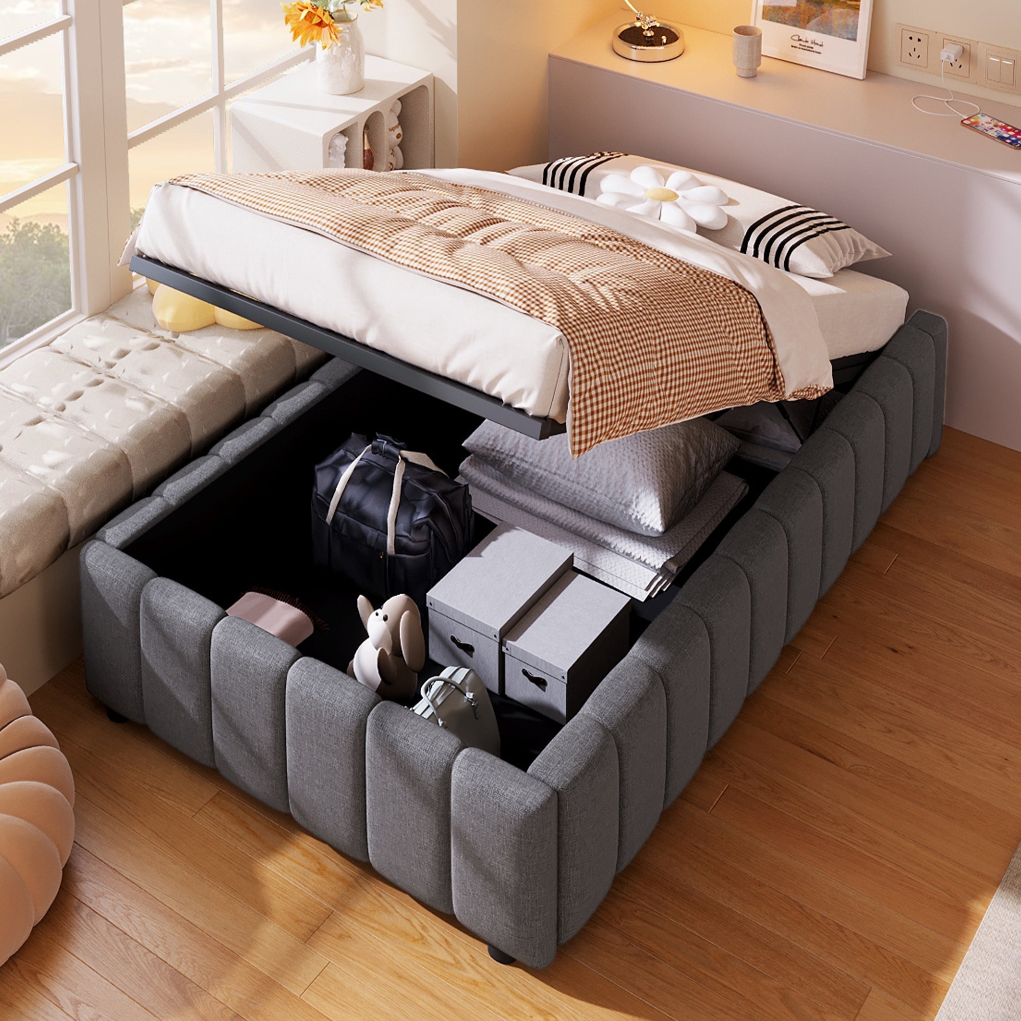 Upholstered Bed with Hydraulic Storage and 90x200cm Base, Grey
